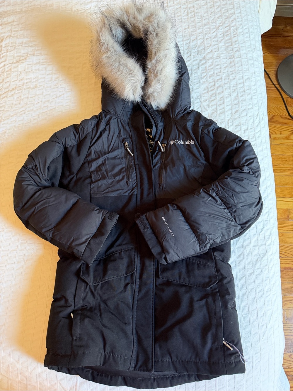 Columbia Black Kids Puffer Coat with Faux Fur Hood